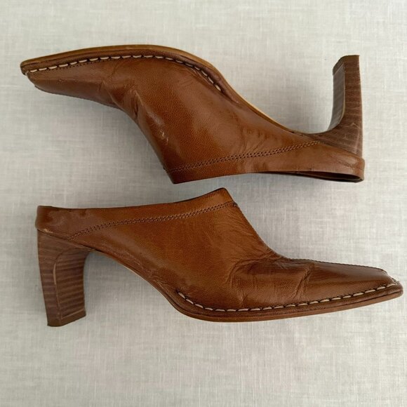 YKX and Co Brown Leather Square Toe Heeled Mules Size 7.5 Shoes - Picture 5 of 12